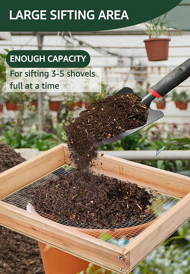 Soil Sifter with Shovle and Glove, Multi-Purpose Wood Compost Dirt Sifter for Gardening, Soil Screen Dirt Cedar Garden Rock Sifter for Compost Sifting Soil, Dirt, Peat Moss and Potting Soil