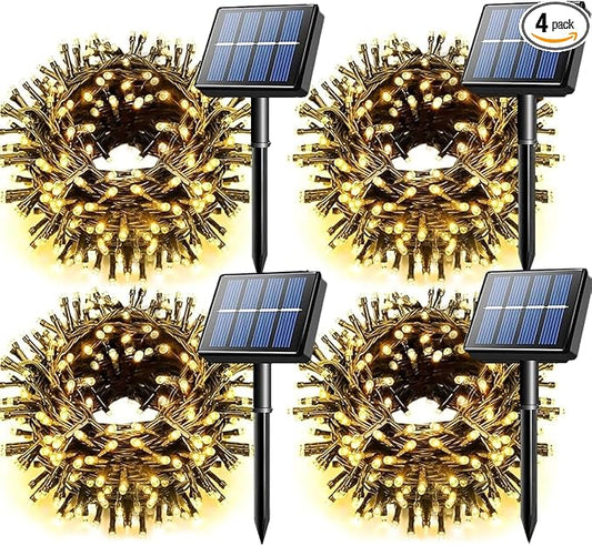 Voolex 4-Pack Solar Christmas String Lights Outdoor -100LED 33FT Solar Powered LED String Light Waterproof with 8 Modes, Solar Powered Lights for Garden, Fence, Party, Tree Decorations Warm White