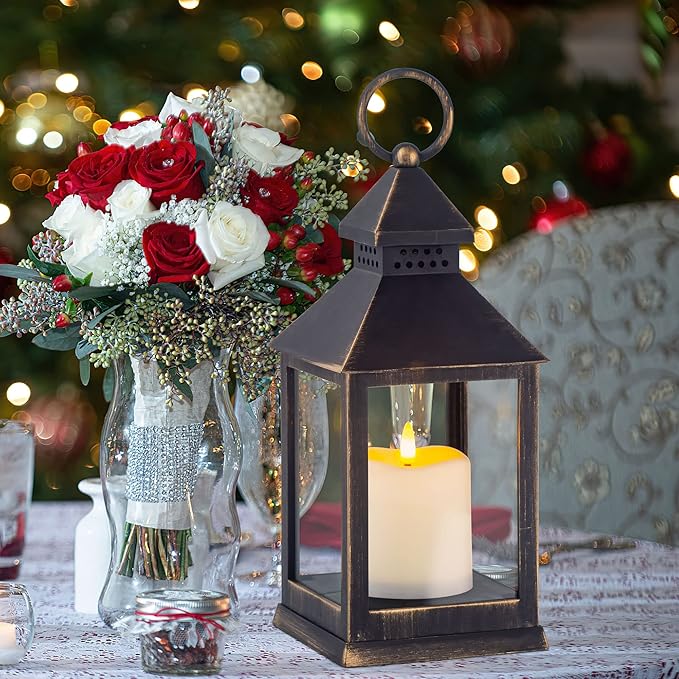 Vintage Golden Brushed Black Lantern Decorative LED Flickering Flameless Candle with Timer, Battery Powered LED Decorative Hanging Lanterns for Indoor Outdoor Garden Yard Home Decor(2 Pack)