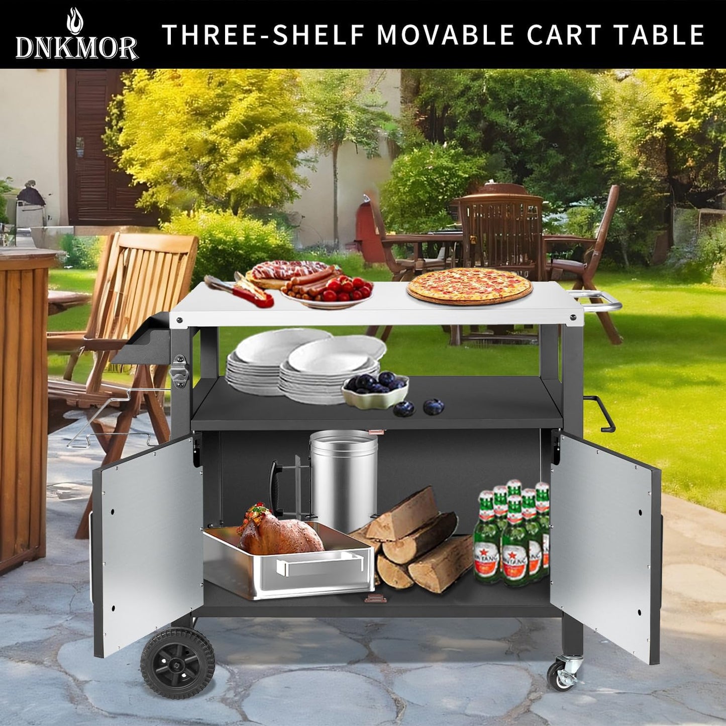 Dining Cart Table with Big Storage Cabinet, Movable Outdoor BBQ Grill Table Pizza Oven Stand, Kitchen Cart Island Multifunctional Food Prep for Inside and Outside