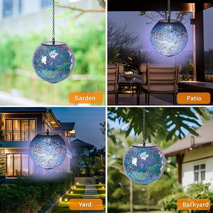 VCUTEKA Solar Chandelier Outdoor, Hanging Mosaic Solar Lights with Hook Up, Solar Garden Lantern Decor for Yard, Deck and Patio, Blue