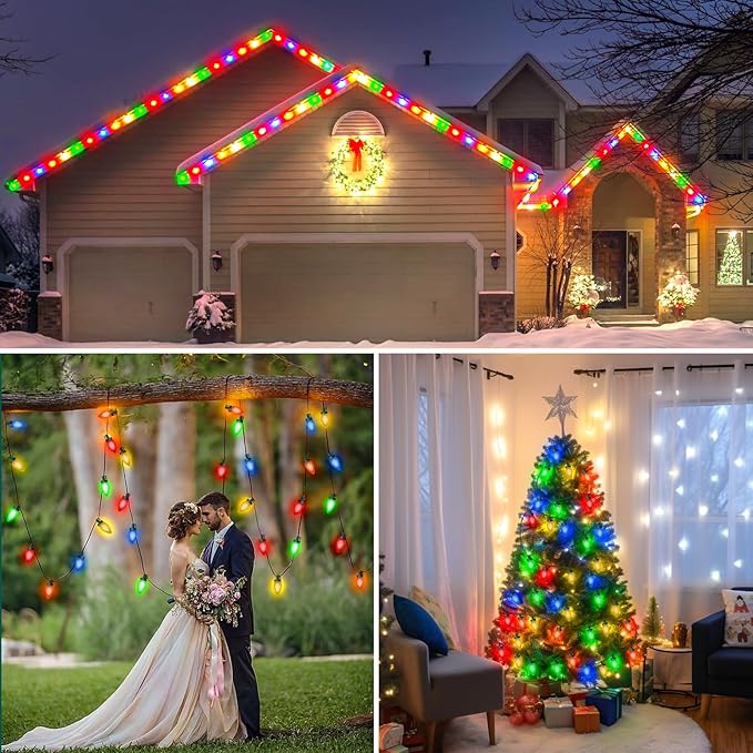 C9 LED Christmas Lights, 34FT 50 Bulbs Outdoor Christmas Decorations for House Waterproof String Lights Extendable Green Wire Fairy Lights for Patio Xmas Garden Party Wedding Holiday Indoor Multicolor