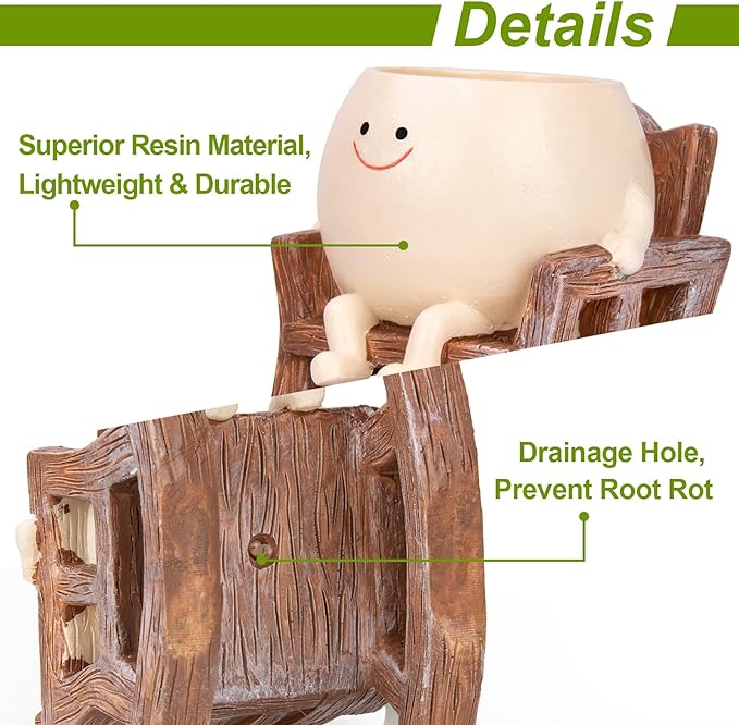 Smiley Face Planter Pot, Cute Resin Smile Face Flower Head Plant Pot, Creative Flower Pot for Indoor Outdoor Plants, Funny Home Decoration (Rocking Chair)