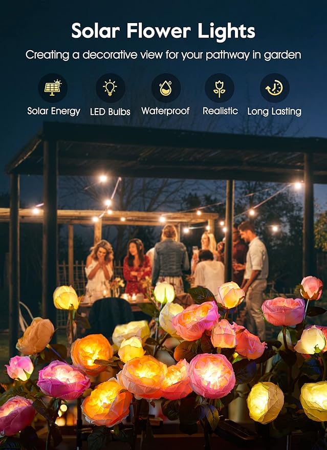Brightown Solar Garden Lights - 4 Pack Solar Flowers Lights with Larger & More Realistic Austin Rose, Bigger Solar Panel, Solar Lights for Outside Waterproof for Yard Patio Garden Decoration
