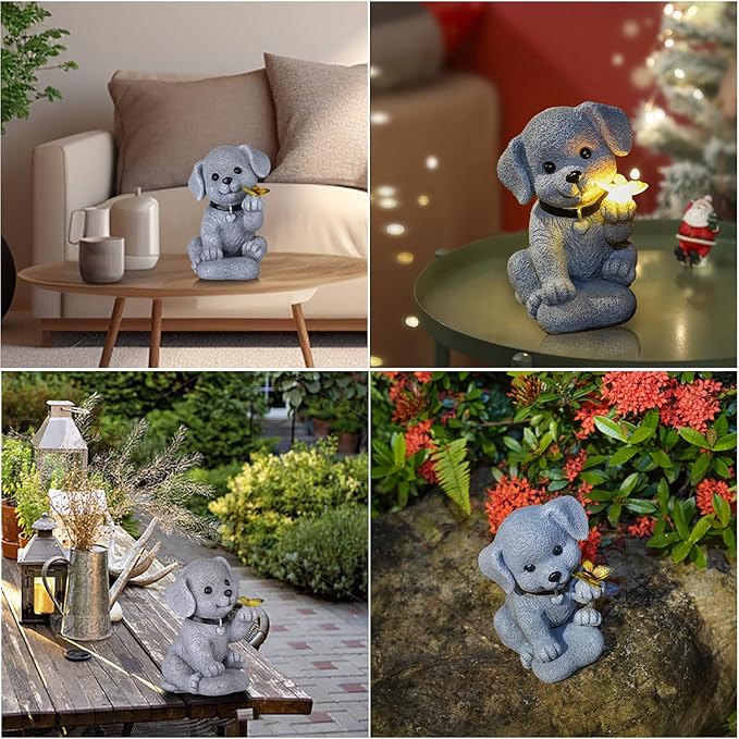 Solar Dog Statue Garden Decor with Butterfly Light – Waterproof Outdoor Yard Art for Patio, Lawn, Balcony for Mother’s Day, Father’s Day, Housewarming, Mom, Dad, Grandma, Men, Women