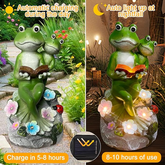Frog Garden Statue,Frog Garden Decor,Solar Frog Statue Sitting on a Stone Reading a Book with 5 LEDs for Lawn Patio Yard Porch Decoration, Outdoor Garden Decor, yijiayi-008