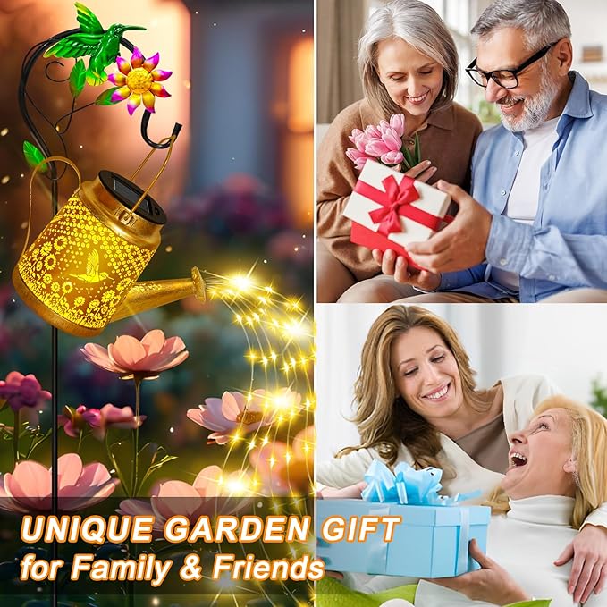 Hummingbird Solar Watering Can Lights, Outdoor Waterproof Garden Lanterns with Shepherd Hook, Solar Garden Decor for Yard Outdoor Landscape Pathway Porch Patio, Gift for Women Mom Grandma