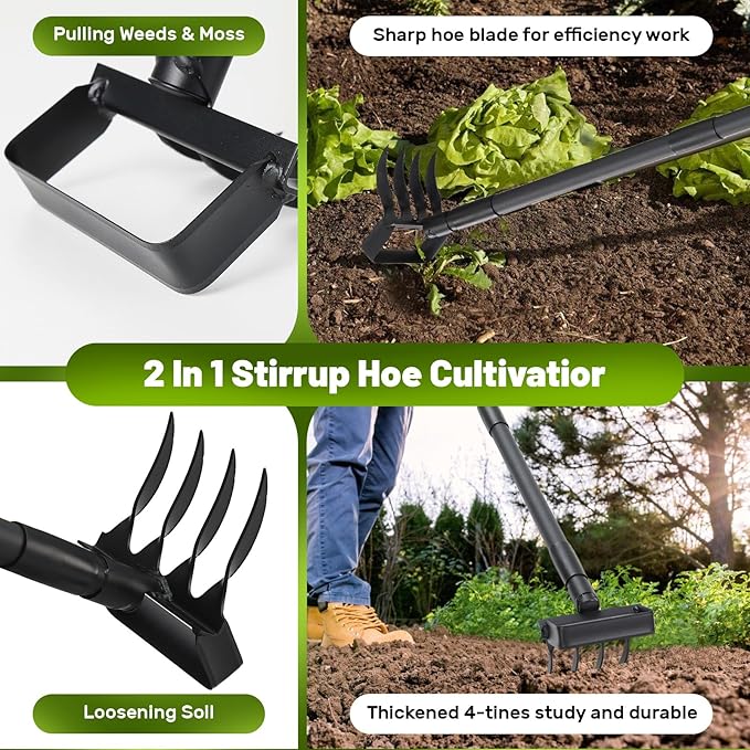 Stirrup Hula Garden Hoe with 4 Tines Rake, 2 in 1 Yard Weed Puller Gardening Weeding Tools, Garden Tiller Cultivator with 62.6" Adjustable Handle for Garden Weeding,Seeding,Ditching,Loosening Soil
