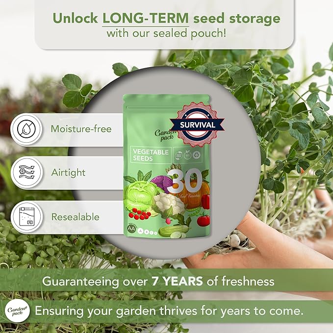 Garden Pack Vegetable Seeds Pouch - 30 Non-GMO Varieties, 10,000+ Heirloom Seeds for Planting Vegetables - Sealed for Survival Seeds Storage