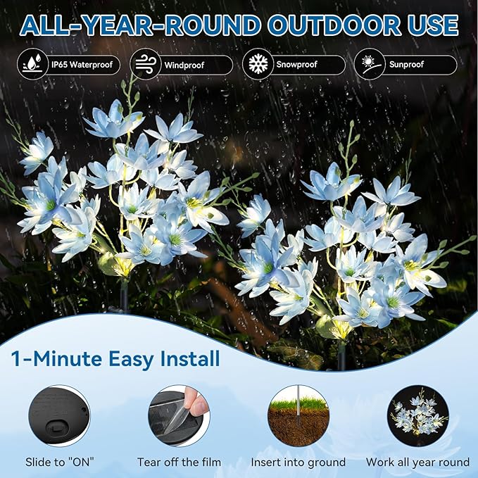 Neporal Solar Flowers Outdoor Waterproof IP65, 5-Head Snow Lotus with 20+ Flowers, Warm LED Light & 2 Lighting Modes, Decorative Solar Lights Outdoor Garden, Yard, Pathway, Flower Bed (4-Pack, Blue)