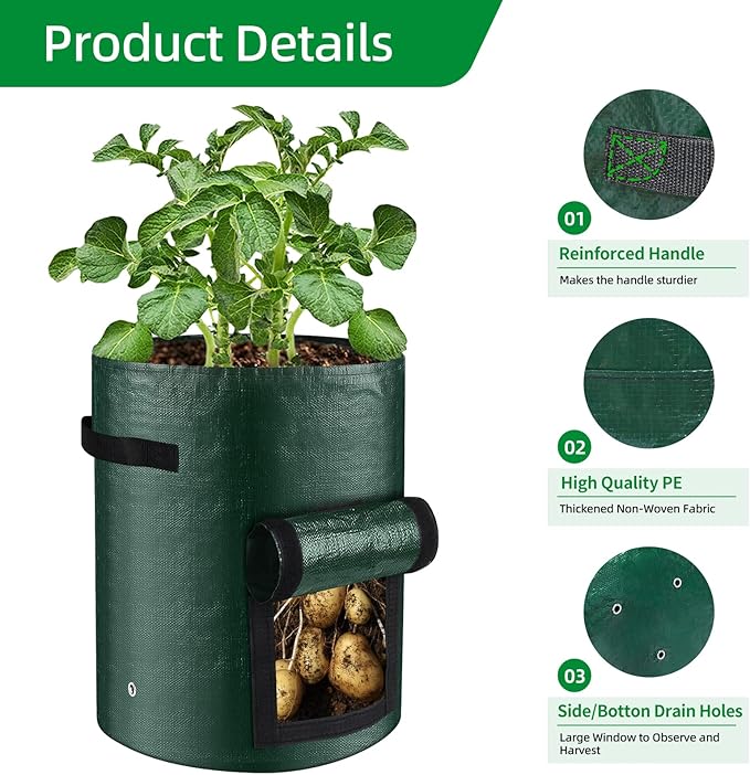 10 Gallon 8-Pack Grow Bags, Durable PE Fabric Pots with Flap and Handles, Green Planter Bags for Potato Vegetables Flowers Herbs Garden Outdoor, 17.7''x13.8'' Large for All Plants Growing