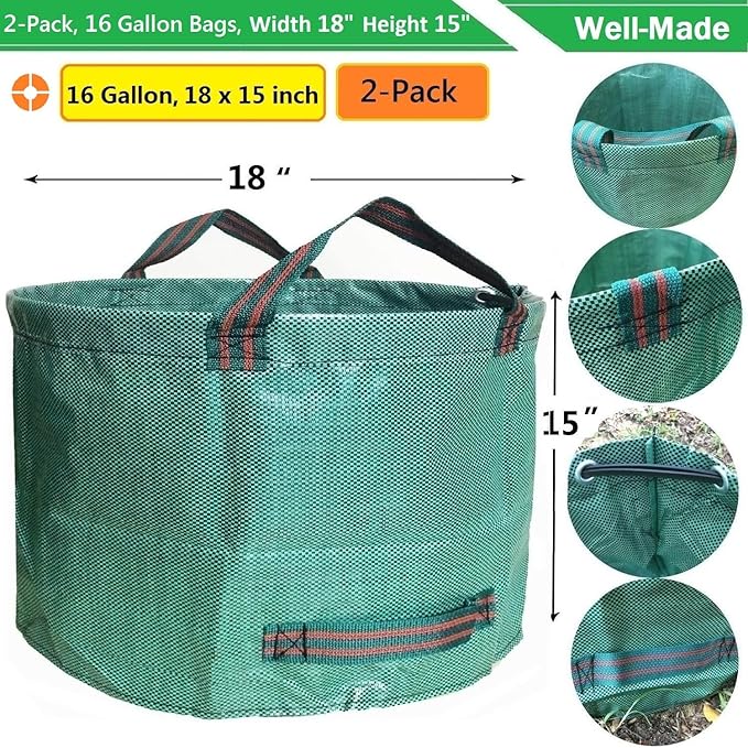 Standard 2-Pack 16 Gallon Yard Lawn Garden Bags (D18, H15 inch) with Gardening Gloves, Yard Waste Bags,Garden Debris Bag,Camping Trash Bags,Recycling Bag,Laundry Bag,Lawn Weeds Bag,Leaf Bags 4 handles