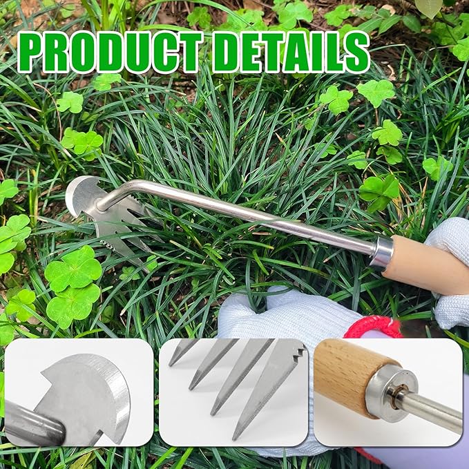 Amposei Weeding Artifact Uprooting Weeding Tool, Multifunctional Weeder, Hand Weeder Tool, Stand Up Weed Puller Tool with Handle for Garden Yard Farm Weed Removal (11in, Wood Handle)