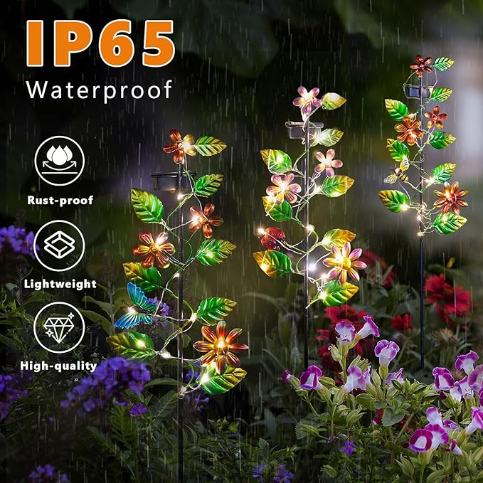 3 Pack Solar Garden Lights, Flower & Insect Metal Solar Stake Light, 23" H Outdoor Statues Figurine Lights for Garden Lawn Patio Yard Decoration