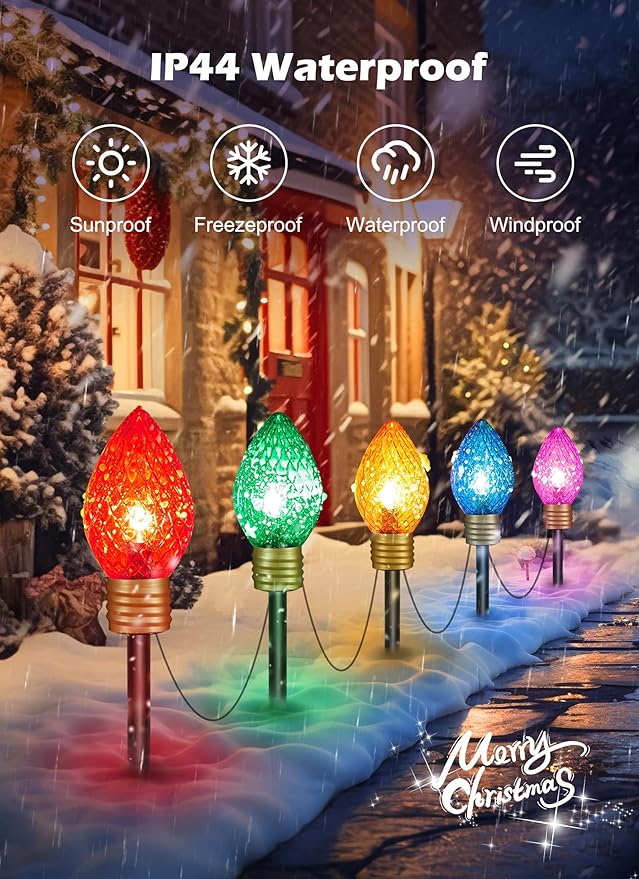 Minetom Jumbo C9 Christmas Pathway Lights Outdoor - 10.5 Feet 5 Strawberry C9 Walkway Lights, C7 Covered Multicolor Light Bulb Decorations for Lawn Garden Outside