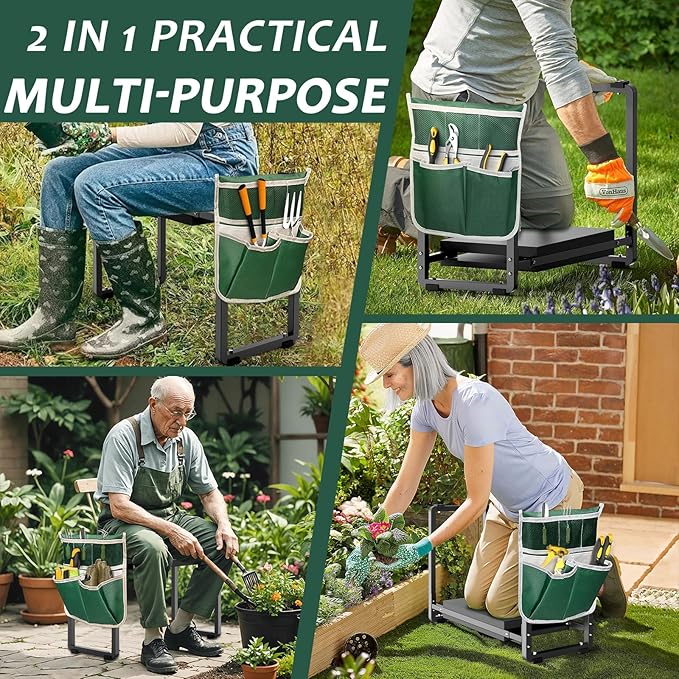 FLINTER 10.2" Wider Garden Kneeler and Seat, Upgraded Heavy Duty Thick Gardening Bench for Kneeling and Seat - Garden Tools with Bags, Gardening for Women, Grandparents, Mom & Dad, Black