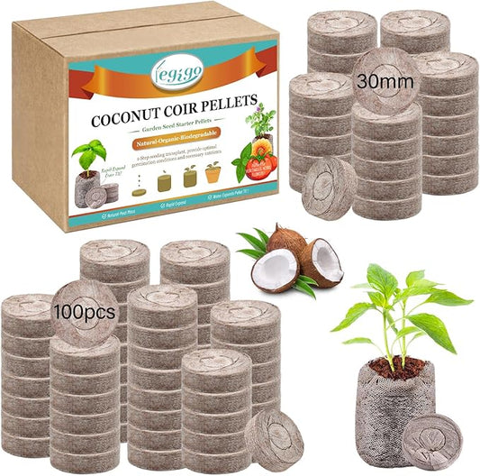 Legigo 100 PCS Coco Coir Seed Starter Plugs, 30mm Coconut Coir Pellets Seed Starter Soil for Plants, Compressed Seedling Starter Pods Pellets Seed Sprouted Potting Soil for Flowers, Herbs, Vegetables