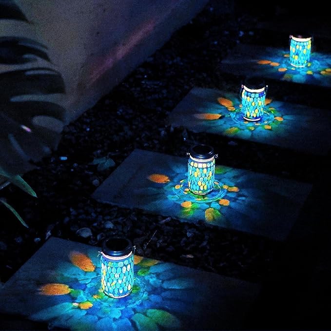 Cooo 4 Pack Mosaic Solar Lanterns Outdoor Waterproof Jar Lights Solar Powered, Hand Paste 141 Crystal Mosaics Table Hanging Garden Backyard Decor Lamps （Just a Little More, Get Double The Deligh