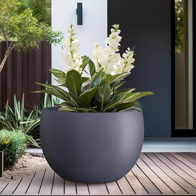 Kante 19.9" Dia Round Concrete Planter, Outdoor/Indoor Large Bowl Plant Pots with Drainage Hole and Rubber Plug for Garden Patio Balcony Home, Charcoal