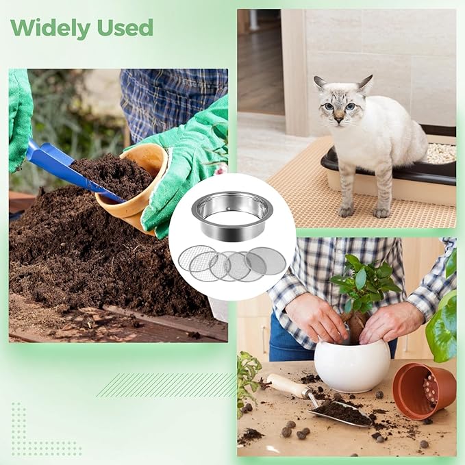 Soil Sieve Set, Garden Soil Sifter Kit, Stainless Steel Mesh Sifting Pan with 5 Sizes Sieve Meshes (0.04"-0.48") & Bonsai Soil Scoop, Garden Potting Sieve Set for Dirt, Compost