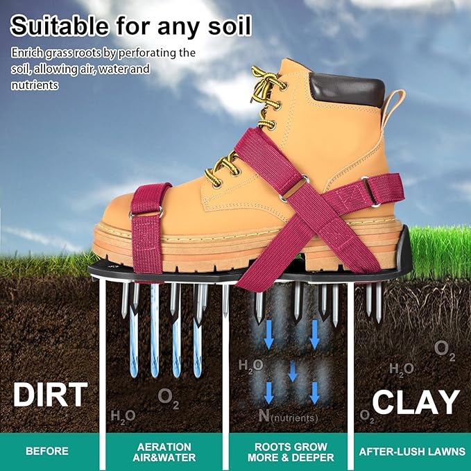 Lawn Aerator Shoes for Grass - Pre-Assembled Grass Aerator Shoes for Lawn - Soil Yard Aerator Tool for Aerating Patio Garden, Red