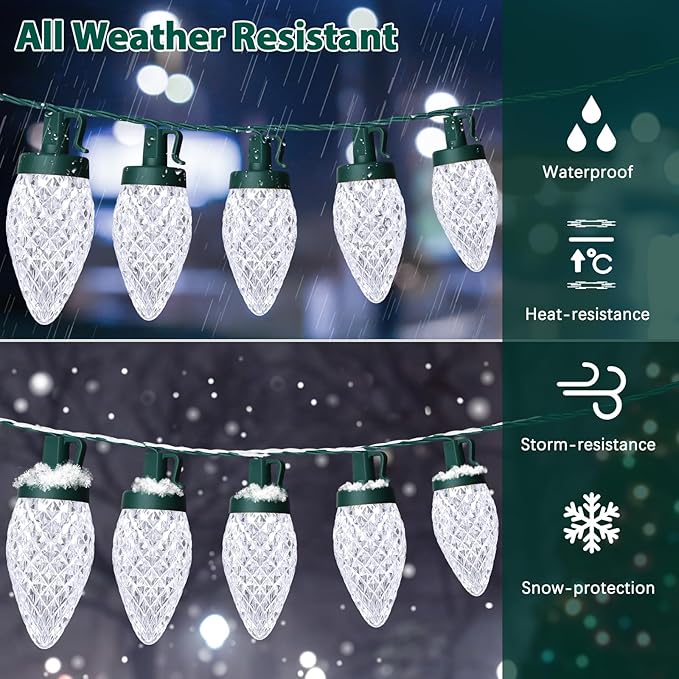 C9 LED Christmas Lights, 134FT 200 Bulbs Outdoor Christmas Decorations for House Waterproof String Lights Extendable Green Wire Fairy Lights for Patio Xmas Garden Party Wedding Indoor Pure White