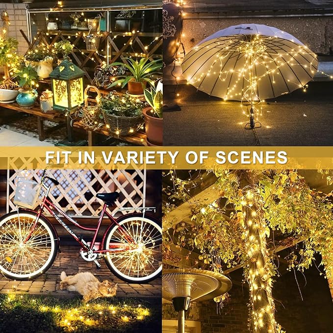 JMEXSUSS Solar String Lights 200 LED, Warm White, Waterproof, 66ft, 8 Modes, IP44, Outdoor Patio, Garden, Christmas Decoration