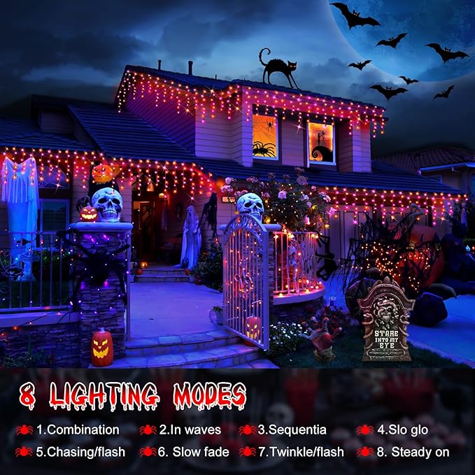 Hezbjiti 400LED Halloween Lights Purple Orange Icicle Lights 32.8FT Halloween String Lights Outdoor Decoration 8 Modes 75 Drops Fairy Lights for Eaves Party Yard Garden Halloween Decor