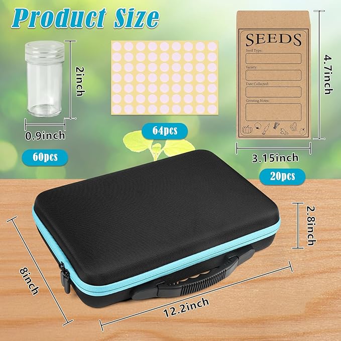 60 Slots Seed Storage Organizer with 20 Seed Envelopes, Sturdy Seed Organizer Storage Box with Zipper Bag Label Stickers(Seeds not Included), Seed Storage Container for Flower Plants Garden
