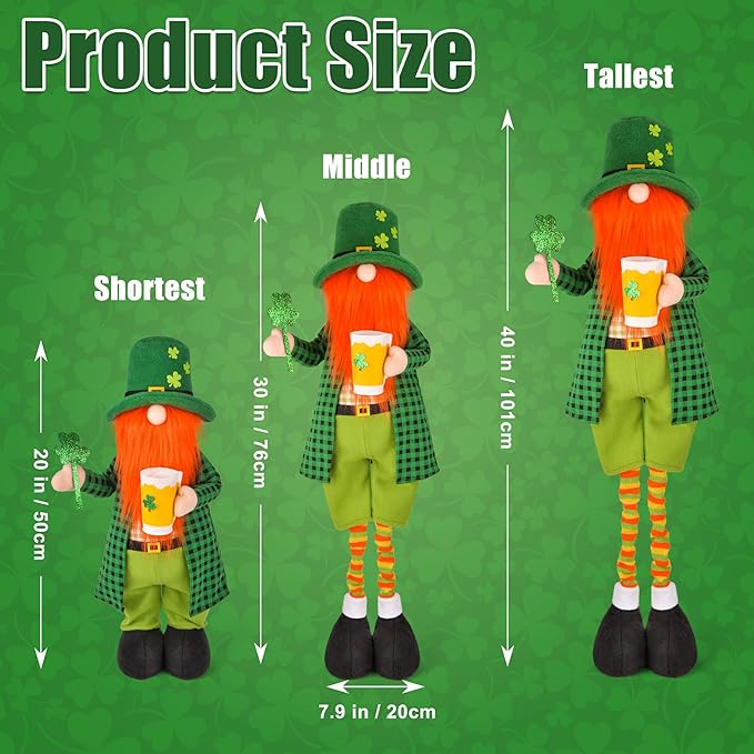 Large St Patricks Day Gnome Plush Decorations Outdoor, Cute Standing Saint Patricks Day Gnomes Gift Decor with Retractable Spring Legs, Placed Outside Yard/Porch/Garden/Indoor/Home/Office