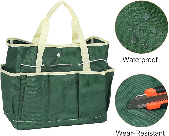 HARFINGTON Garden Tool Bag 14" x 6.7" x 12" Large Oxford Waterproof with Pockets Garden Tote Bag Gardening Plant Tool Organizer Storage Carrier Store for Outdoor Women Men, Dark Green