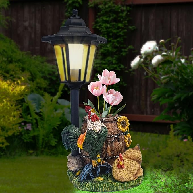 Rooster Statues Outdoor Solar Sculptures with Solar Lights and Flowerpot Funny Garden Decor Animal Figurines Resin Outdoor Statues for Patio Yard Lawn Balcony Grandma Mom Gifts