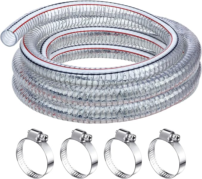 Frienda Heavy Duty Steel Wire Flexible Tubing with Fasteners PVC High Pressure Drain Hose Tube Pond Tubing Clear Wire Reinforced for Pond Bilge Pump Vacuum Suction Hose(6.6 Ft,1.5 Inch Id)