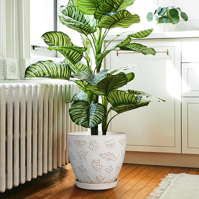 Ceramic Planter Pot 10 Inch- Large Plant Pot with Drainage Hole and Saucer Modern Round Flower Pot for Indoor Outdoor Plants White