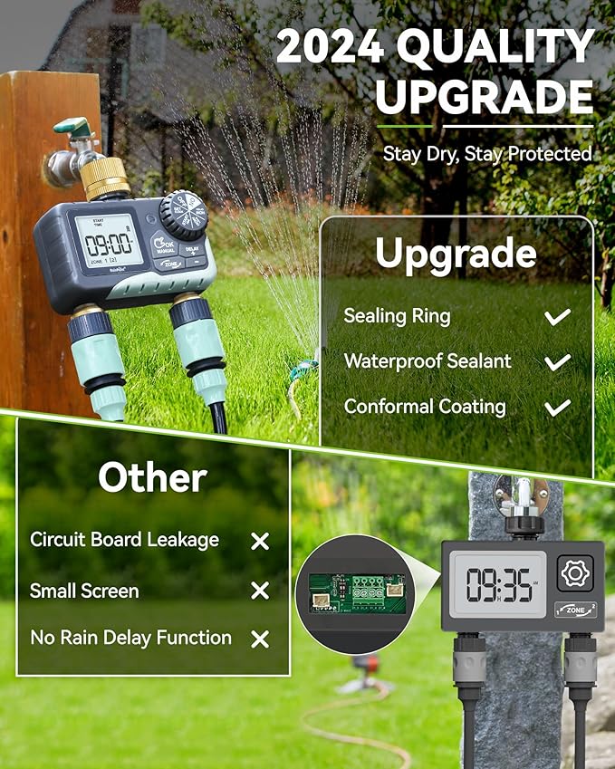 RAINPOINT 2 Zone Sprinkler Timer with Brass Inlet and Outlet - Water Timer for Garden Hose with Rain Delay/Manual Watering/Automatic Irrigation Controller System - Water Hose Timer for Yard Lawn