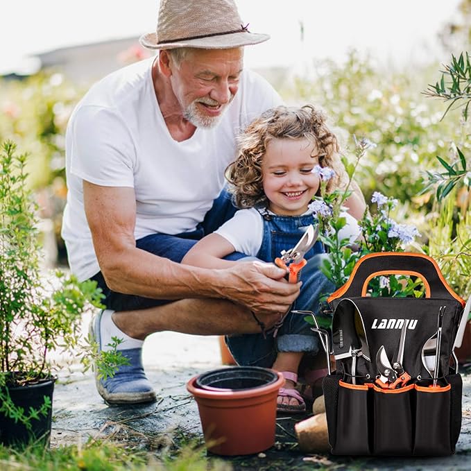 Garden Tool Set, 9 Piece Stainless Steel Heavy Duty Gardening Tool Set, with Non-Slip Rubber Grip, Storage Pocket, Ideal Garden Tool Kit Gift for Women/Parent