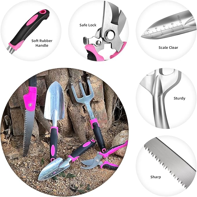Garden Tool Set,5-Piece Aluminum Lightweight Gardening Kit with Folding Saw, Trowel, Transplanter, Hand Rake, Pink Gardening Gifts for Women,Heavy Duty Gardening Tools with Ergonomic Handle