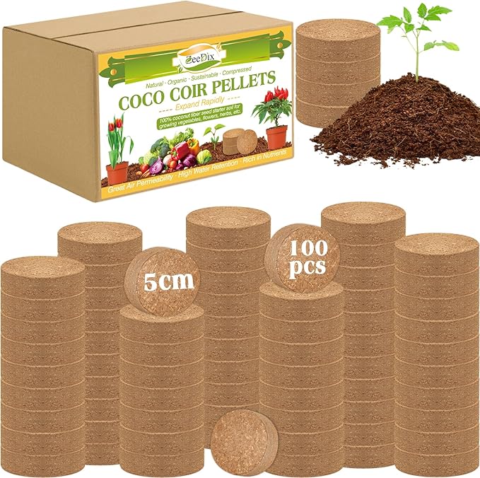 ZeeDix 100pcs 50mm Coco Coir Pellets, Compressed Coconut Coir Seed Starter Soil Pellets Potting Soil Indoor Plants Soil Discs for Planting Flowers Bonsai Herbs Plants and Vegetables