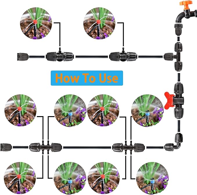 20Pcs Drip Irrigation Fittings Kit Connectors for 1/2 Inch Tubing, PE Tubing Fittings - 2 Switch Valves, 4 Tee, 2 End, 4 1/2" to 1/4" Tee,2 Elbows 2 Thread Adapters,4Pcs 1/2" to 1/4" Six Way