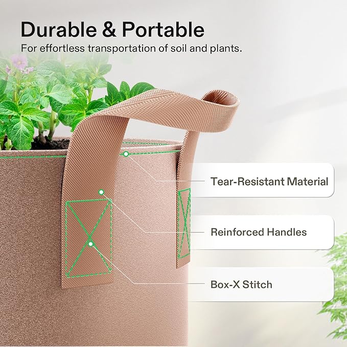 VIVOSUN 5-Pack 20 Gallons Grow Bags Heavy Duty Thickened Nonwoven Fabric Pots with Strap Handles Tan