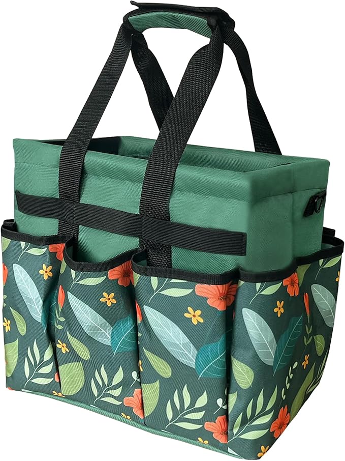 Garden Tote Bag, Oxford Garden Tools Storage Bag with 8 Pockets, Portable Garden Tool Organizer Bag with Adjustable Shoulder Strap, Ideal Gardening Gifts for Gardening Lovers No Tools (Green)