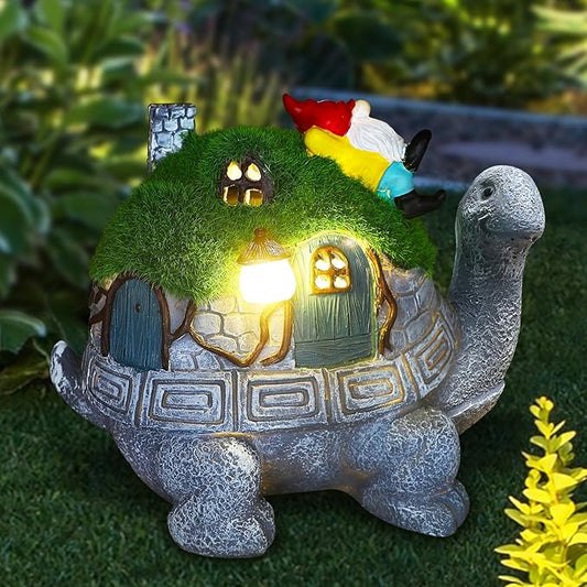 Turtle Solar Light Outdoor Garden Solar Turtle House Light Cute Turtle Garden Statue for Outdoor, Lawn Turtle with Gnome Statues Solar Light, Unique Gifts for Kindred Friend Yard Patio Decor