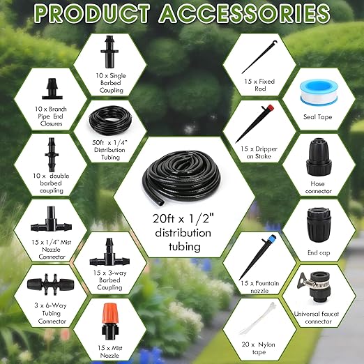 Drip Irrigation System, Flantor 141FT Garden Watering System Adjustable Greenhouse Drip Irrigation Kit with 1/2 inch & 1/4 inch Irrigation Tubing for Garden, Patio and Lawn