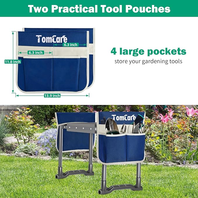 TomCare Garden Kneeler and Seat 10.24” Wide Kneeling Pad Garden Bench with 2 Tool Pouches Heavy Duty Stable Garden Stool Foldable Garden Tools Gardening Gifts for Women Men Seniors Gardeners Grey