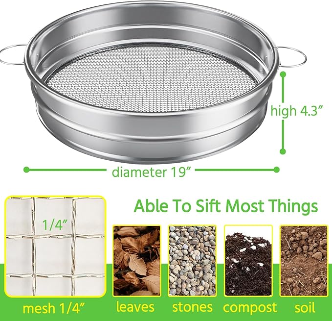 Large Soil Sifter for Gardening, Compost Sifter, Dirt Sifter, Rock Sand Sifter, Fireplace Ash Sifter, Garden Soil Sieve, Metal Gravel Wood Pellet Worm Sifter, 19 inch Heavy Duty Bin Outdoor Helper