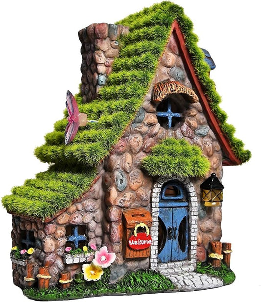 ASAWASA Resin Fairy House Statues with Solar Powered Lights, Funny Garden Sculptures with Flocked and Cobblestone Decor, Exquisite Garden Cottage Figurines