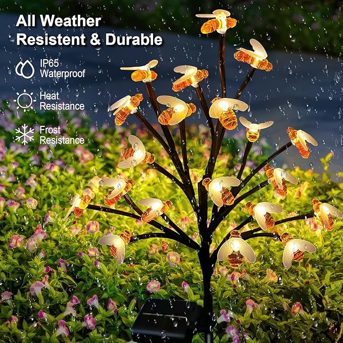 Solar Garden Lights Outside - 4 Pack 80 LED Solar Bee Lights Outdoor Waterproof with 8 Modes Landscape Decoration for Garden Patio Yard Walkway Grass Spring Decor (Warm White)