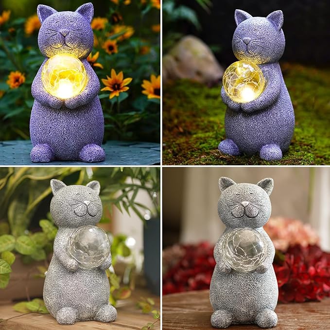 Solar Cat Statue Garden Decor - Cat Lover Gifts, with Gazing Solar LED Lights Ball Cat Decoration for Garden Yard Patio Lawn Balcony - Gifts for Mom Grandma (Gray Cat)