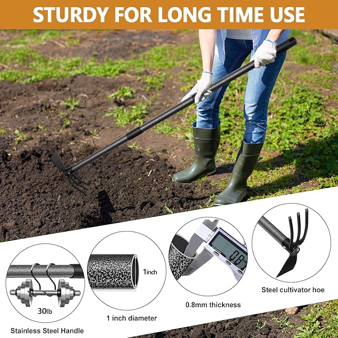 Hoe Garden Tool, Hoe Cultivator 2 in 1 Weeding Tools - 45" Long Handle Stand Up Weeder Hand Tiller, Heavy Duty Weeding Rake for Flower Beds Yard Lawn Gardening Digging Planting