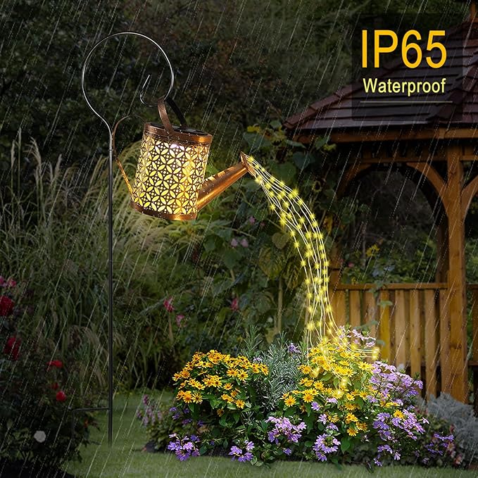 Solar Watering Can with Lights, Outdoor Garden Decor, Hanging Lantern Waterproof, Metal Solar Waterfall Lights for Yard Patio